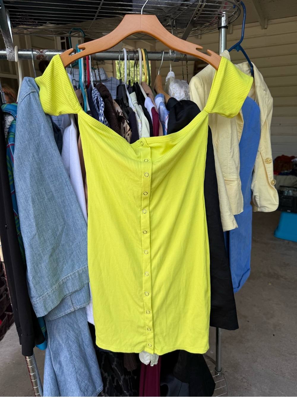Forever 21 Off-Shoulder Lime Green Ribbed Button-Front Dress